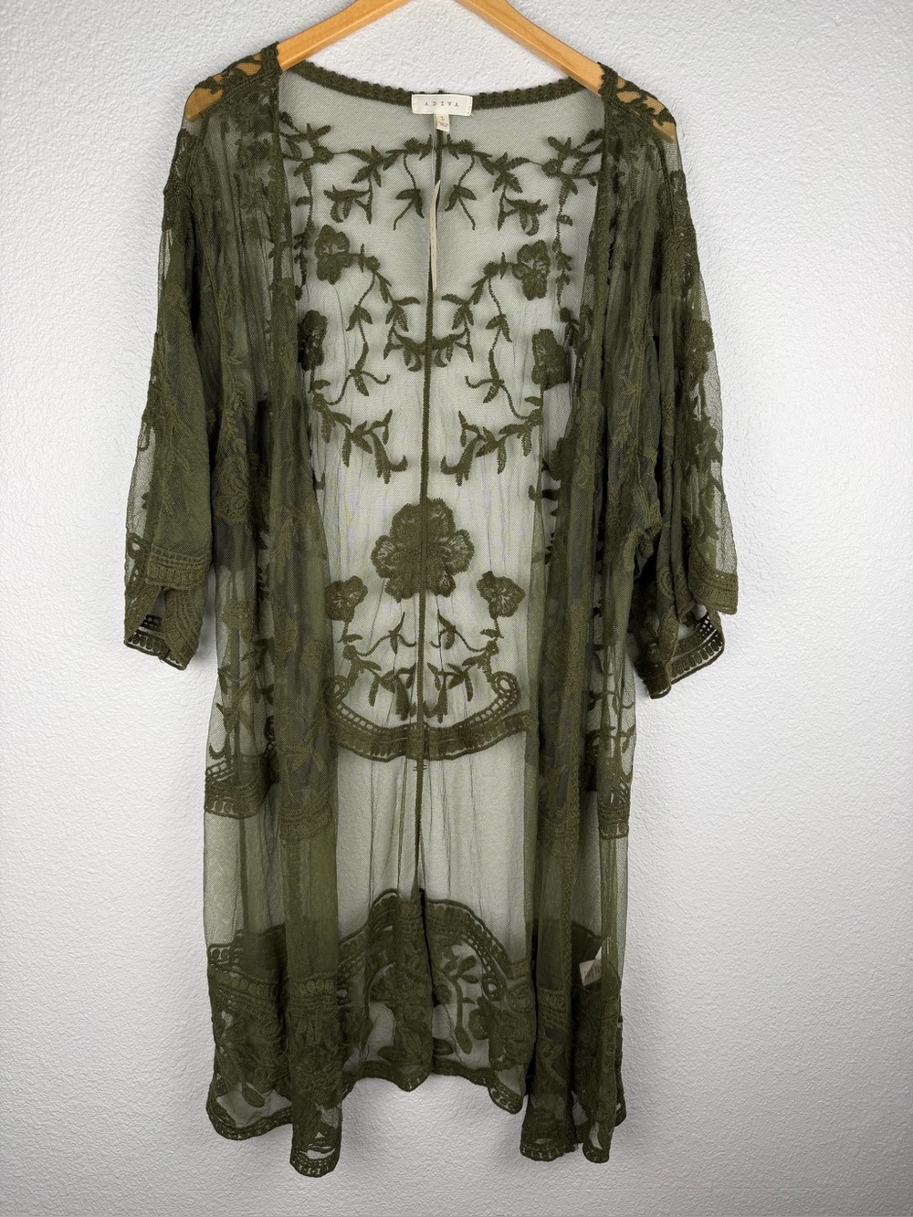 NWT Adiva Olive Green Sheer Embroidered floral Lace Kimono open-front Sz Large - Picture 2 of 11